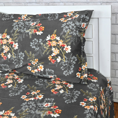 Graphite Shade Floral 144 TC Cotton Single Bedsheet With 1 Pillowcover
