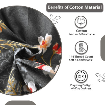 Graphite Shade Floral 144 TC Cotton Single Bedsheet With 1 Pillowcover