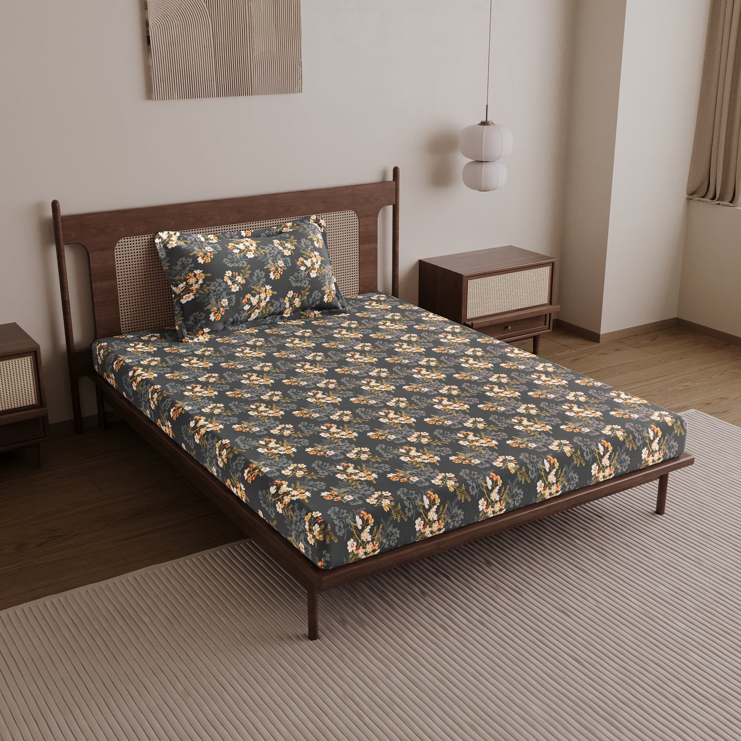 Graphite Shade Floral 144 TC Cotton Single Bedsheet With 1 Pillowcover