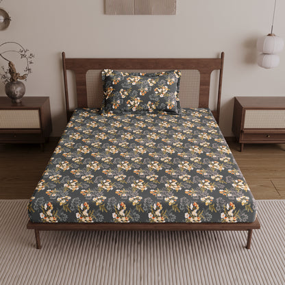 Graphite Shade Floral 144 TC Cotton Single Bedsheet With 1 Pillowcover