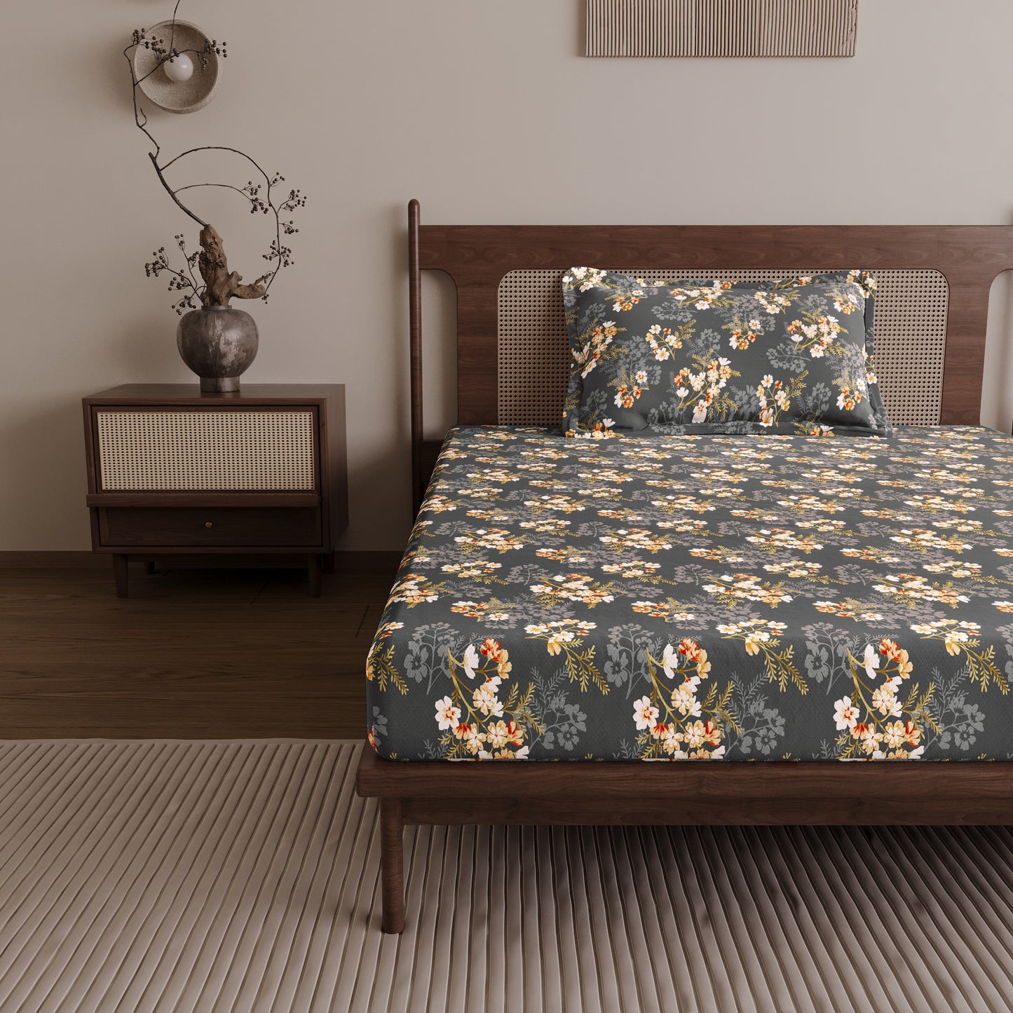 Graphite Shade Floral 144 TC Cotton Single Bedsheet With 1 Pillowcover