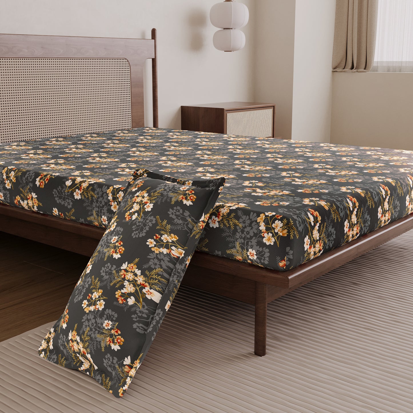 Graphite Shade Floral 144 TC Cotton Single Bedsheet With 1 Pillowcover