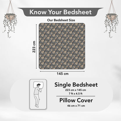 Graphite Shade Floral 144 TC Cotton Single Bedsheet With 1 Pillowcover