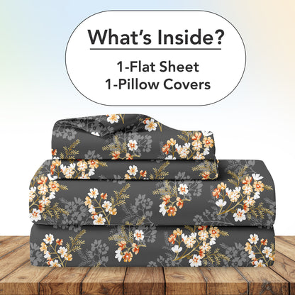 Graphite Shade Floral 144 TC Cotton Single Bedsheet With 1 Pillowcover