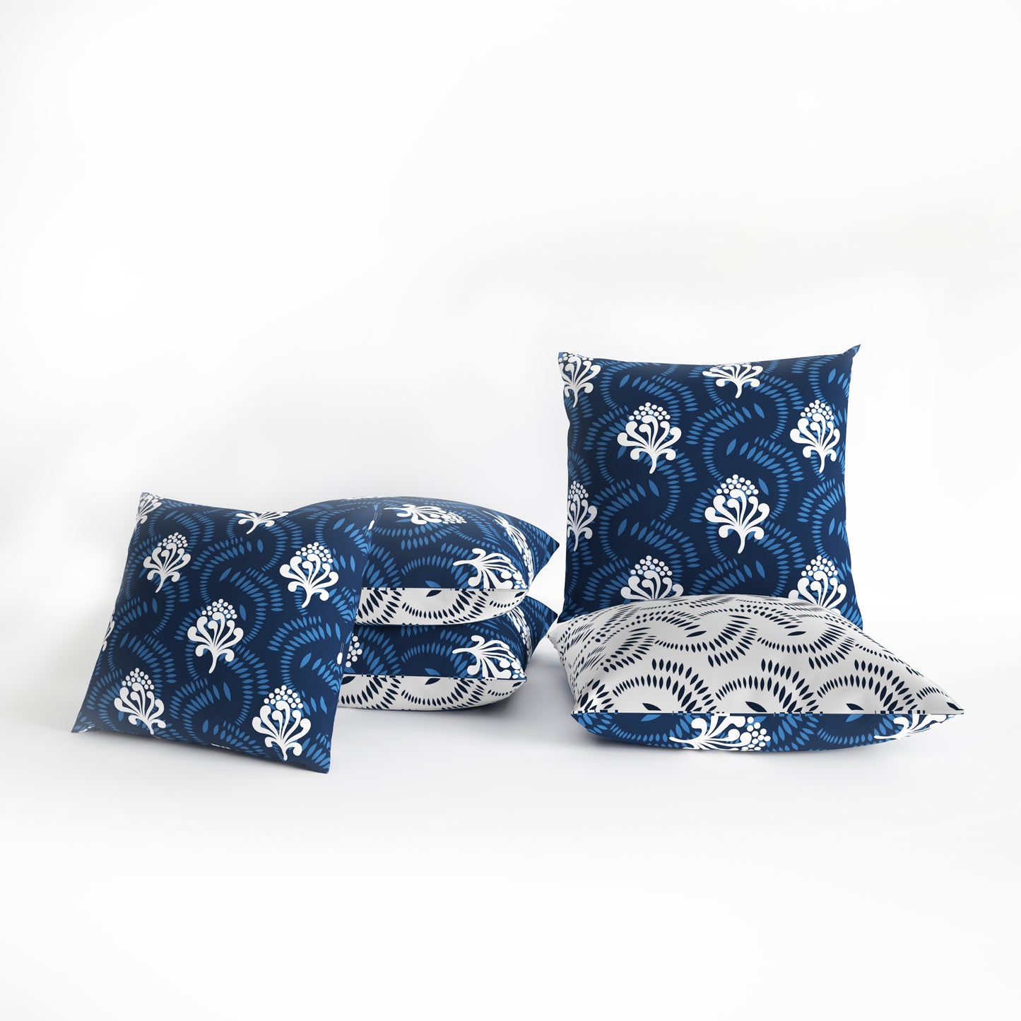 Navy Blue & White Floral Set of 5 Microfiber Cushion Covers 16x16 Inches