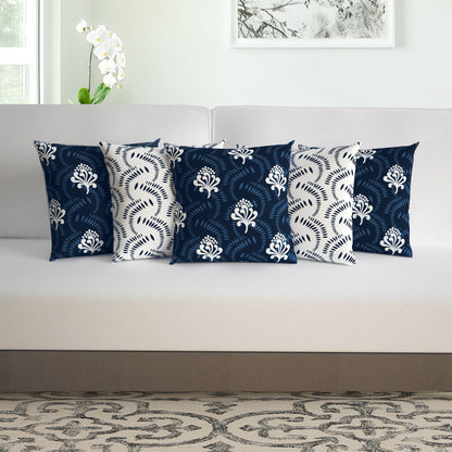 Navy Blue & White Floral Set of 5 Microfiber Cushion Covers 16x16 Inches