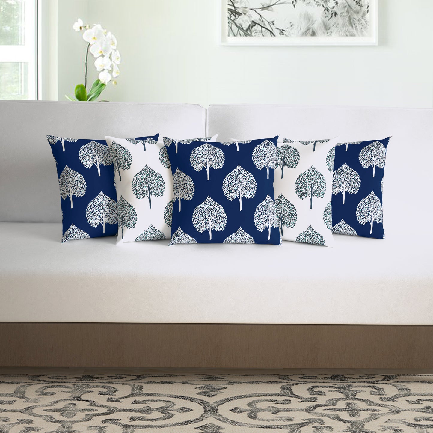 Clematis Blue Floral Set of 5 Microfiber Cushion Covers - 16x16 Inches