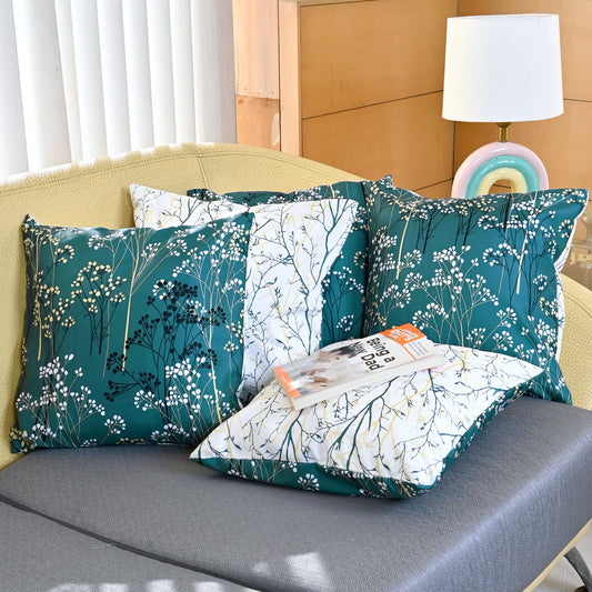 Beetle Grey Floral Printed Set of 5 Microfiber Cushion Covers 16x16 Inches