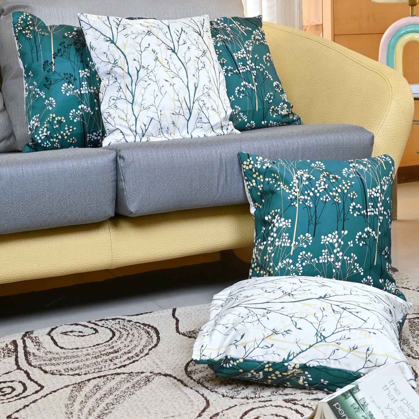 Beetle Grey Floral Printed Set of 5 Microfiber Cushion Covers 16x16 Inches