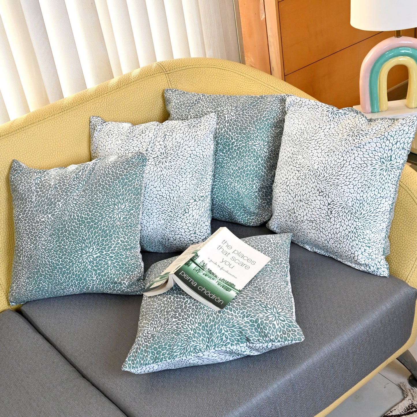 Slate Grey Floral Printed Set of 5 Microfiber Cushion Covers 16x16 Inches