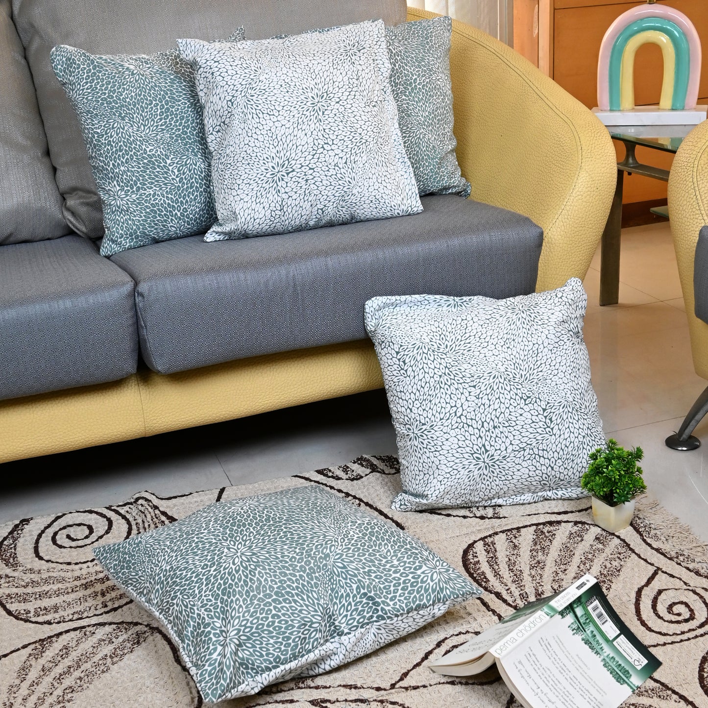 Slate Grey Floral Printed Set of 5 Microfiber Cushion Covers 16x16 Inches