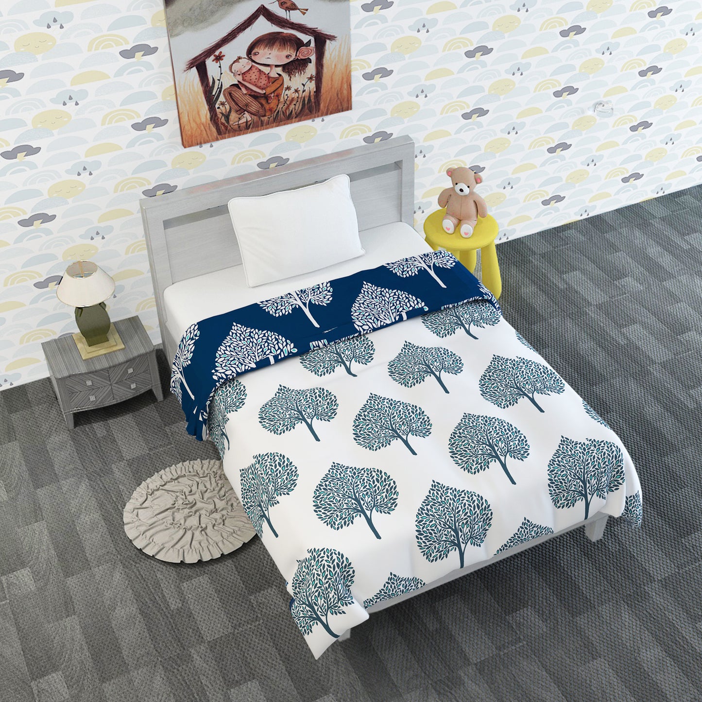 Medieval Blue Floral Single Kids Bed Comforter – 120 GSM Microfiber