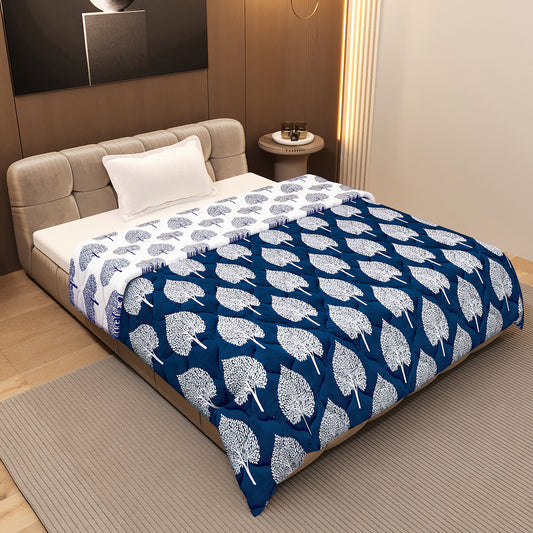 Navy Blue and White Olive Tree Leaf AC Quilt Comforter for Single Bed