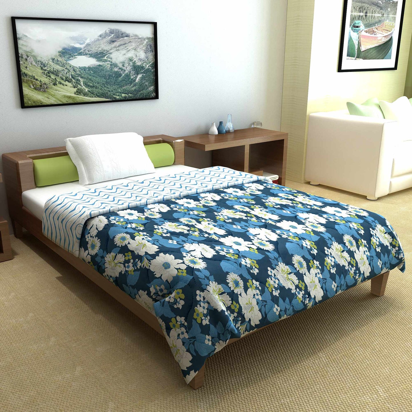 Blue Multicolor Microfibre 120 GSM Flower Abstarct Double Print Pattern Reversible Single Bed AC Quilt Comforter