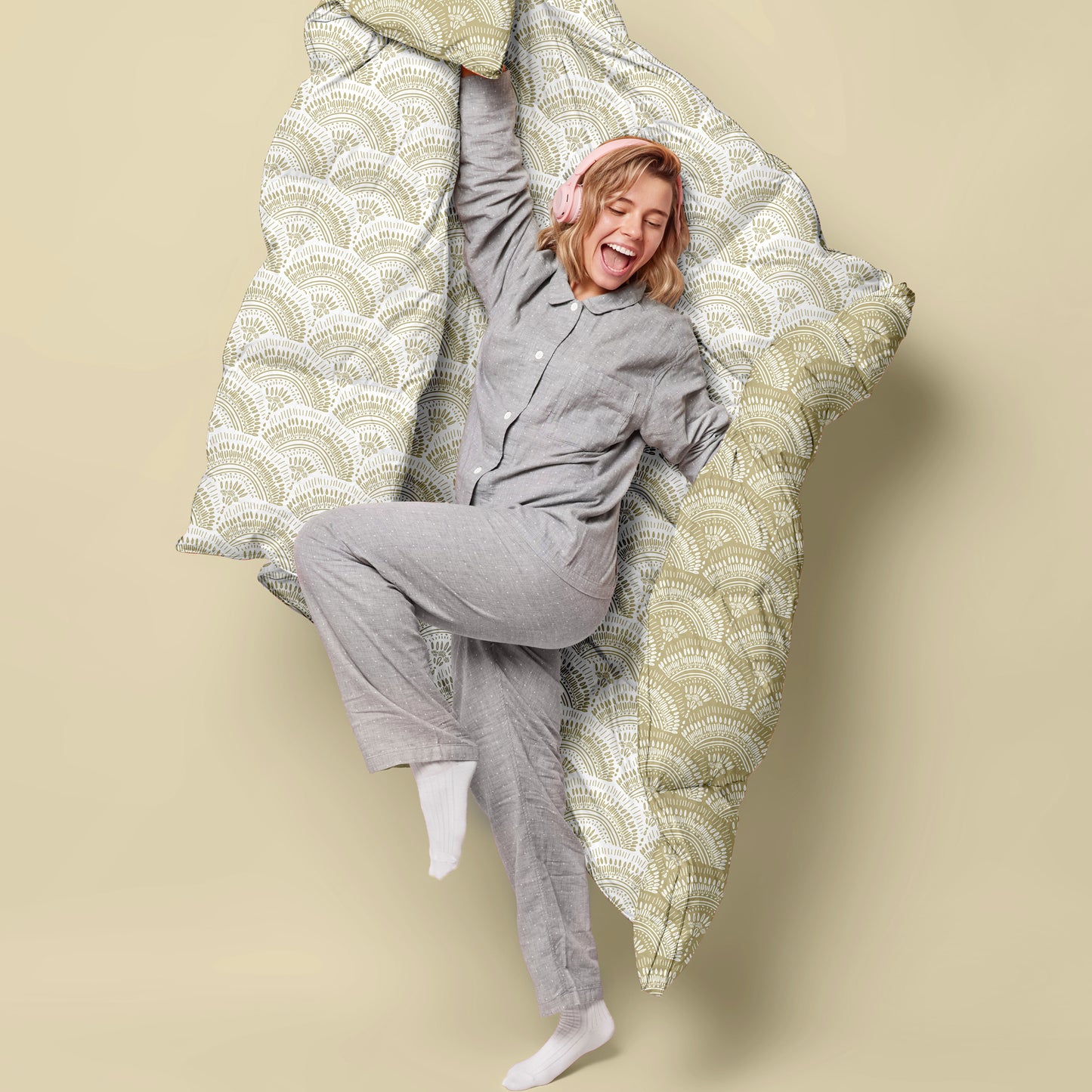 Green Moss Doodle AC Quilt Comforter for Single Bed