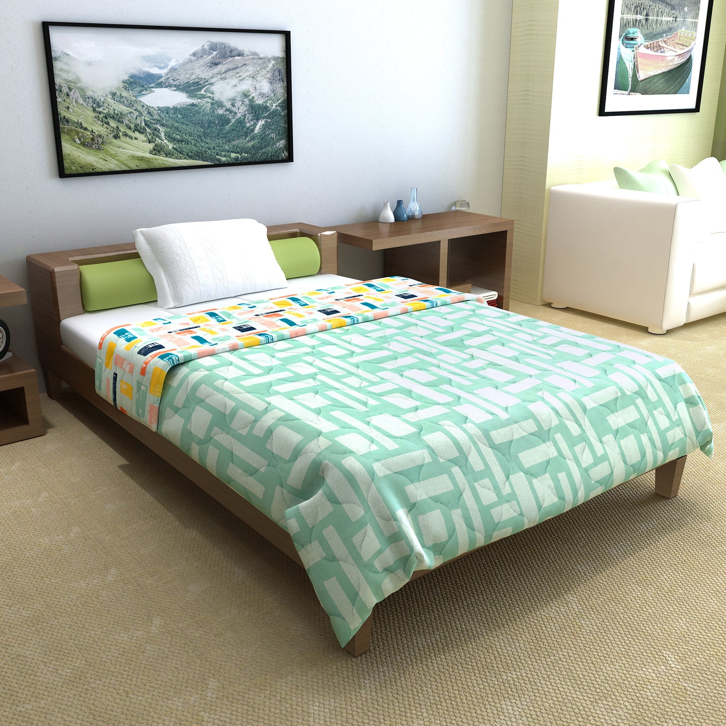 Teal Grey Abstract Single Bed Comforter – 120 GSM Microfiber