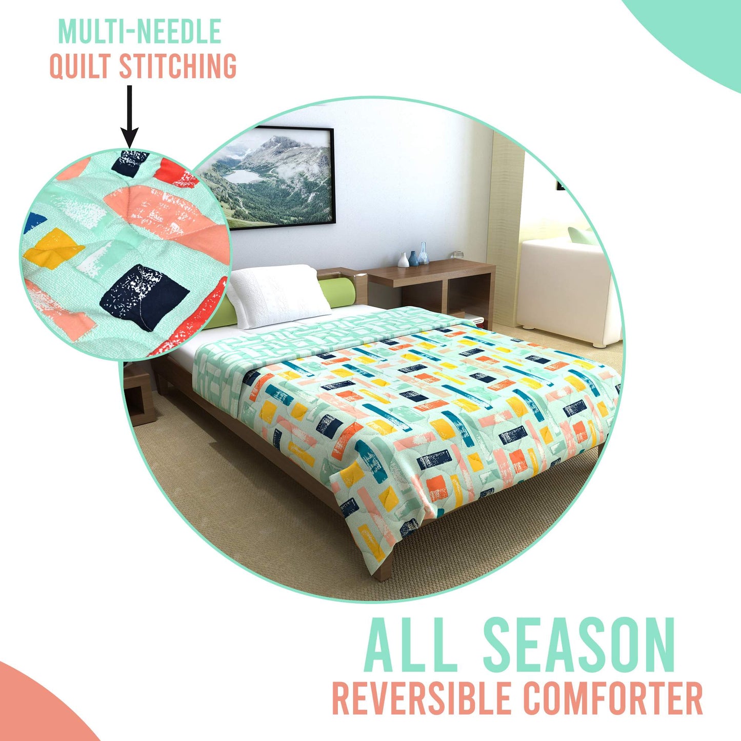 Teal Grey Abstract Single Bed Comforter – 120 GSM Microfiber