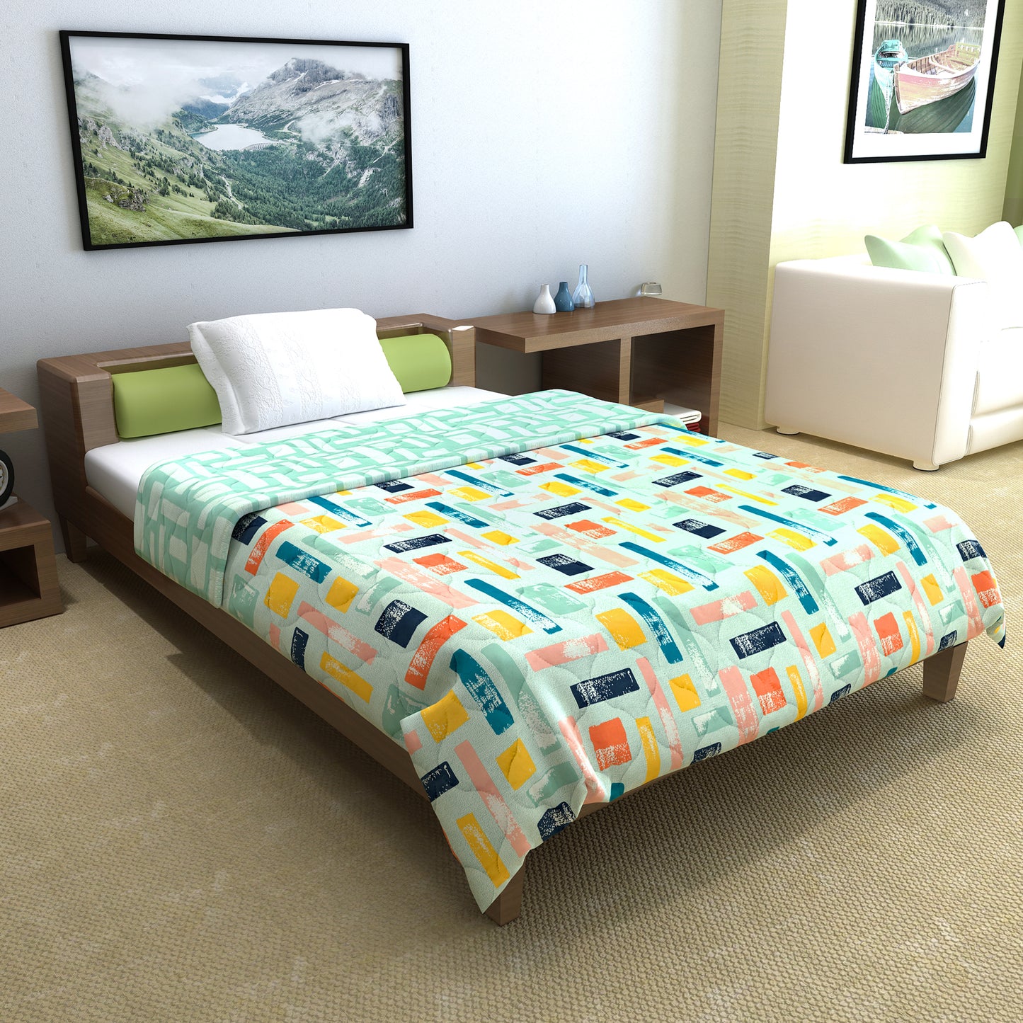 Teal Grey Abstract Single Bed Comforter – 120 GSM Microfiber