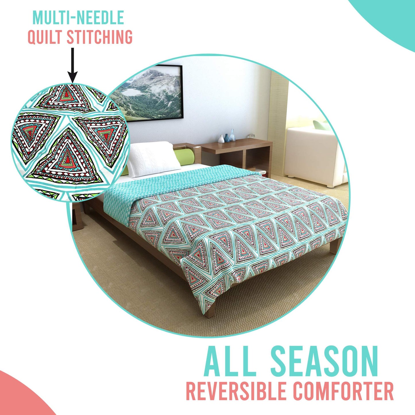 Turquoise Blue Geometric Single Bed Comforter – 120 GSM Microfiber