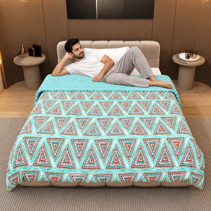 Turquoise Blue Geometric Single Bed Comforter – 120 GSM Microfiber
