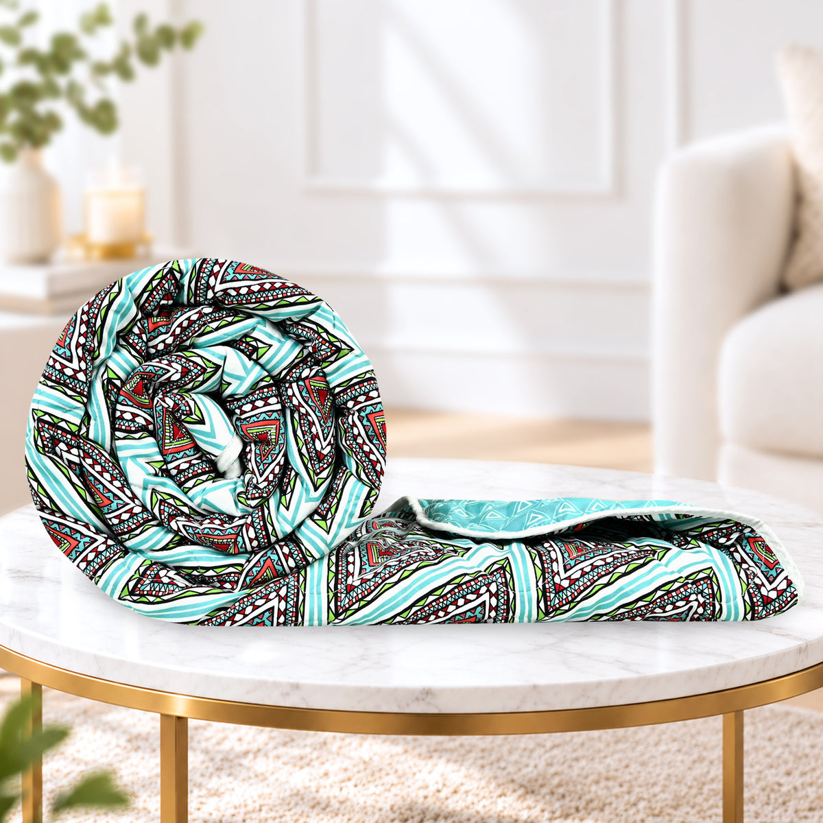 Turquoise Blue Geometric Single Bed Comforter – 120 GSM Microfiber