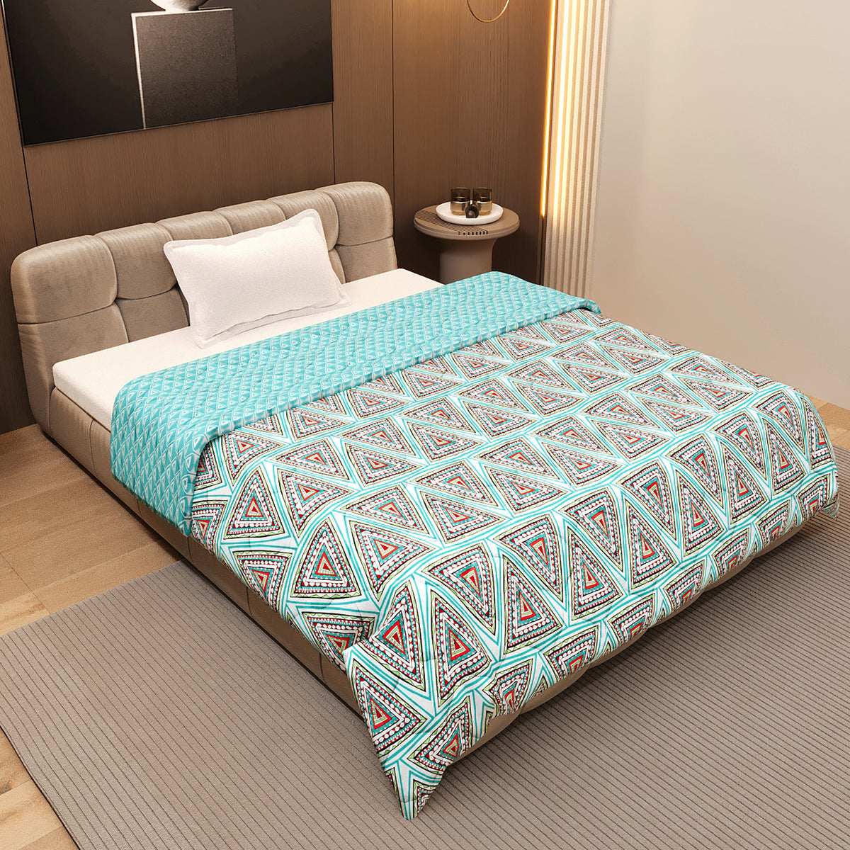 Turquoise Blue Geometric Single Bed Comforter – 120 GSM Microfiber