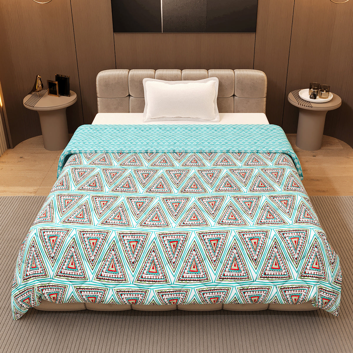 Turquoise Blue Geometric Single Bed Comforter – 120 GSM Microfiber