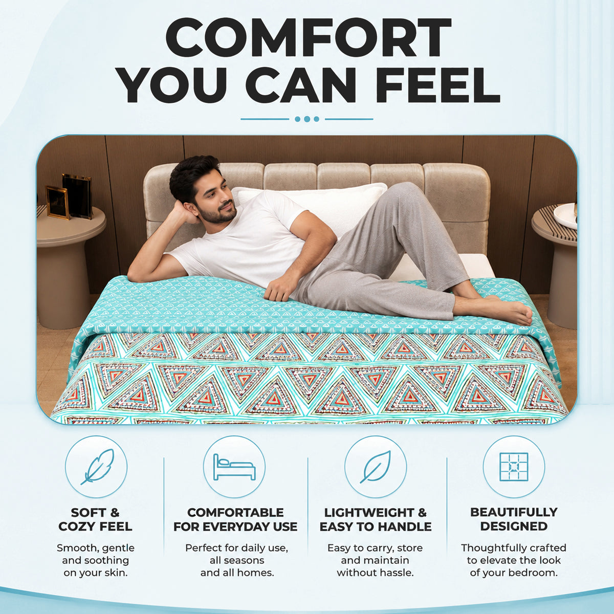 Turquoise Blue Geometric Single Bed Comforter – 120 GSM Microfiber