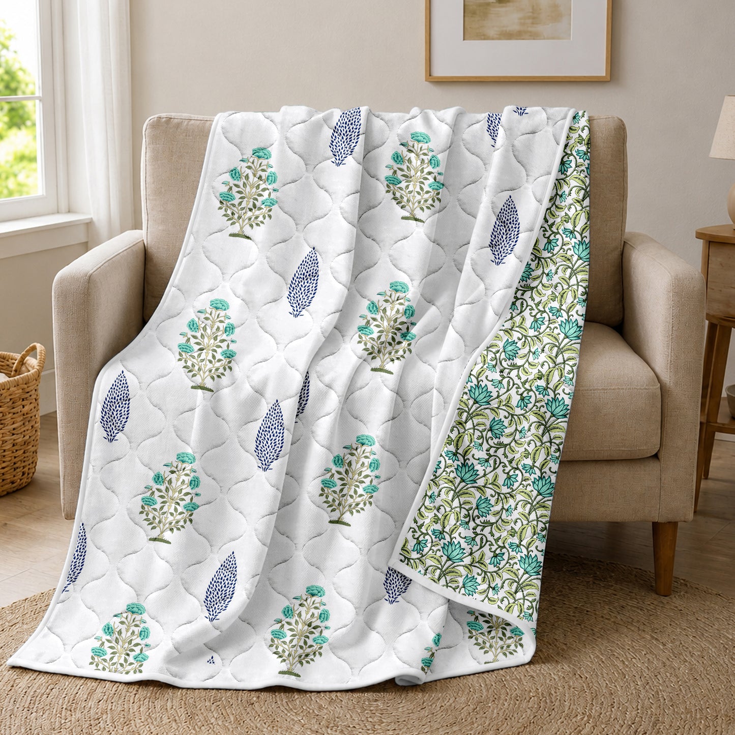 White & Teal Lightweight Reversible Single Comforter – 120 GSM Microfiber