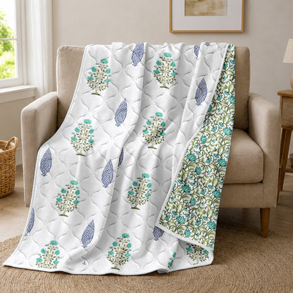 White & Teal Lightweight Reversible Single Comforter – 120 GSM Microfiber