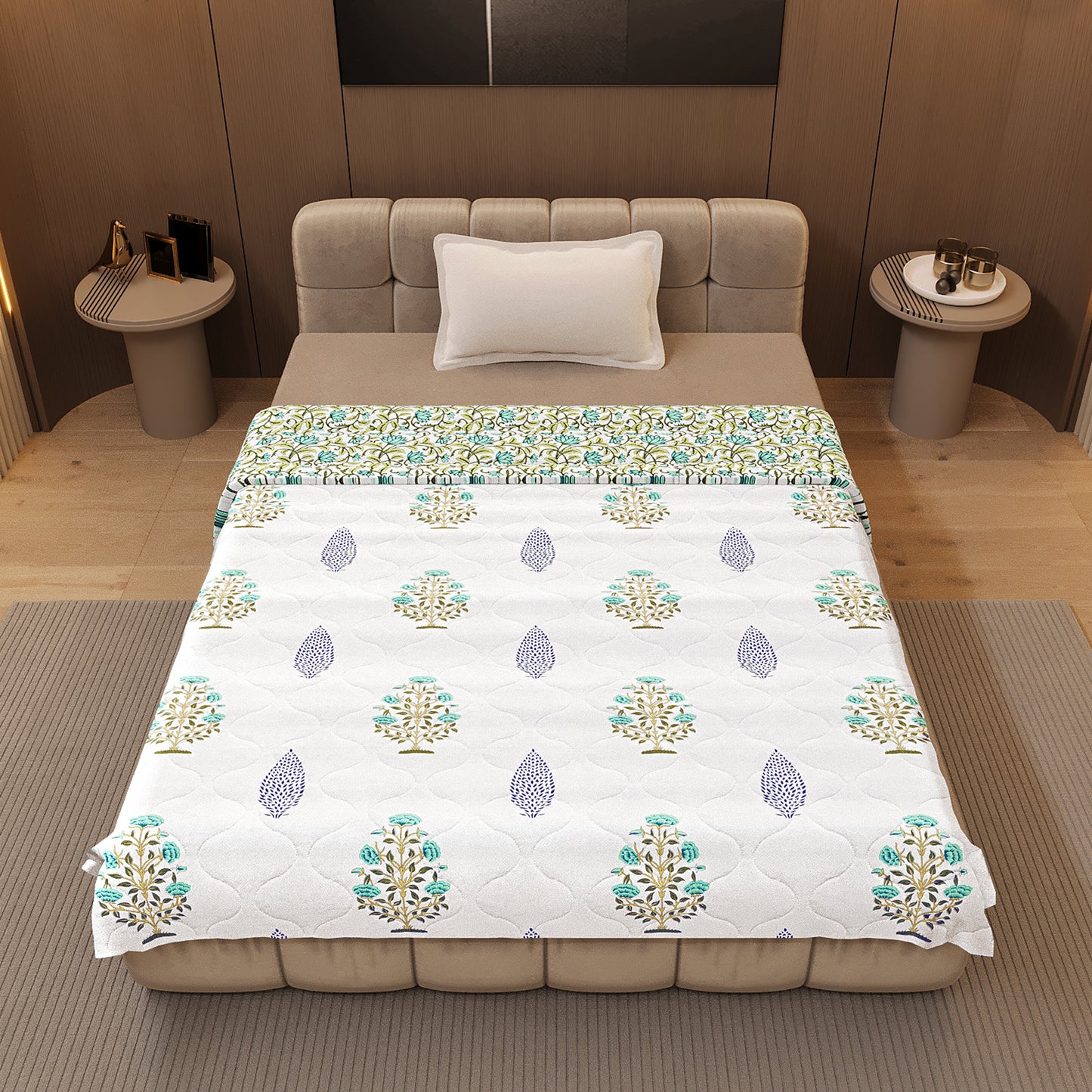 White & Teal Lightweight Reversible Single Comforter – 120 GSM Microfiber