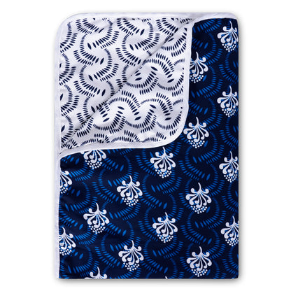 Navy Blue and White 120 GSM Microfiber Floral Pattern Single Bed AC Blanket Dohar for All Season