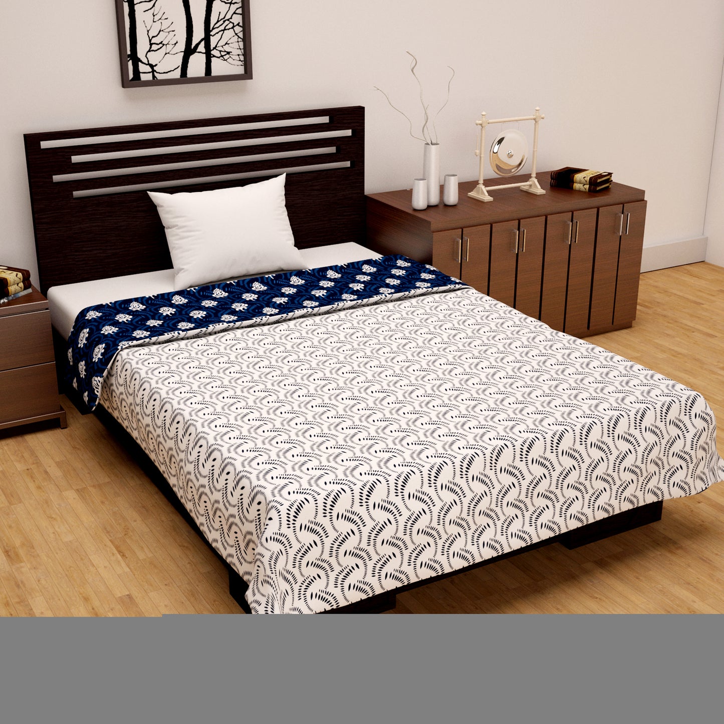 Block Printed Reversible Single Bed AC Dohar - Navy Blue