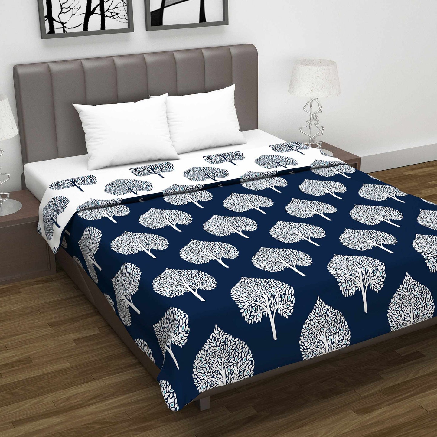 Blue and White 120 GSM Microfiber Leaf Pattern Double Bed AC Blanket Dohar for All Season