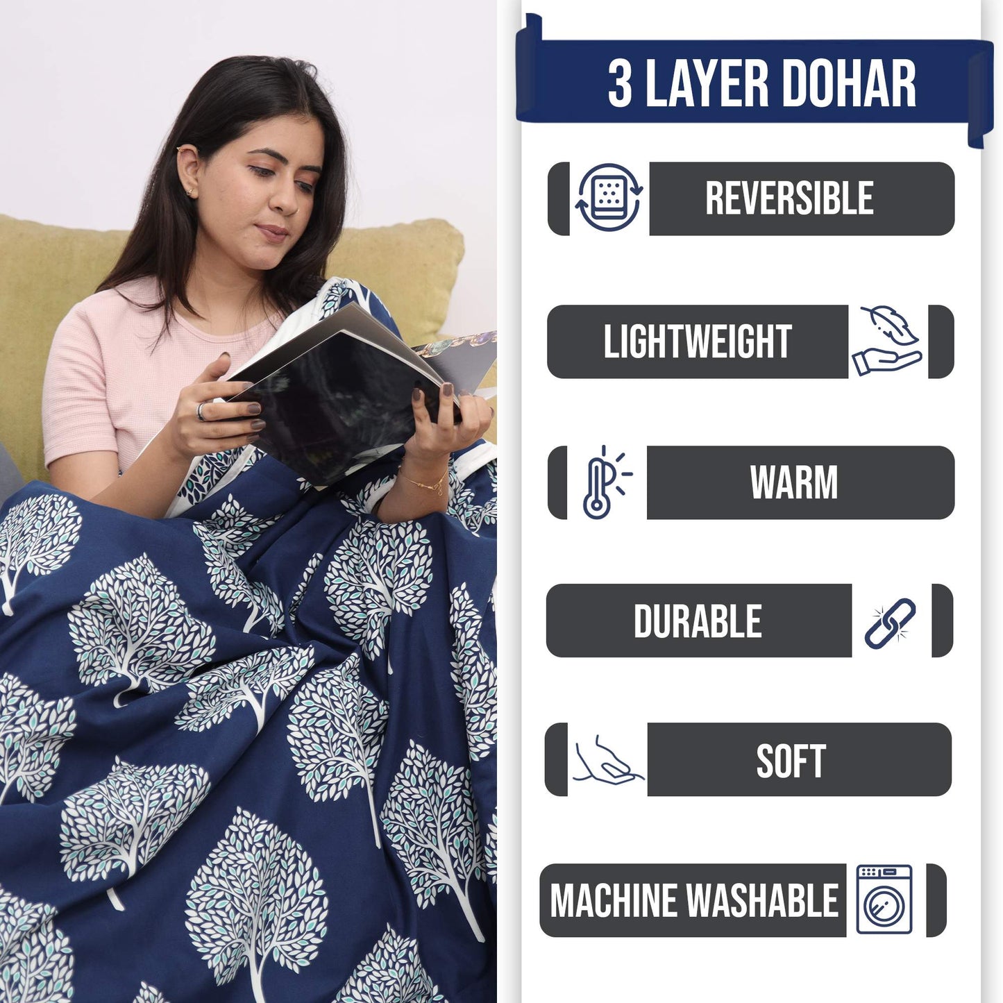 Yellow and Blue Floral Cotton Combo Set of 2 Dohar For Single Bed