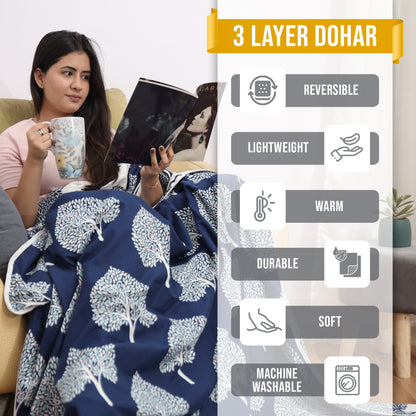 Yellow and Blue Floral Cotton Combo Set of 2 Dohar For Single Bed