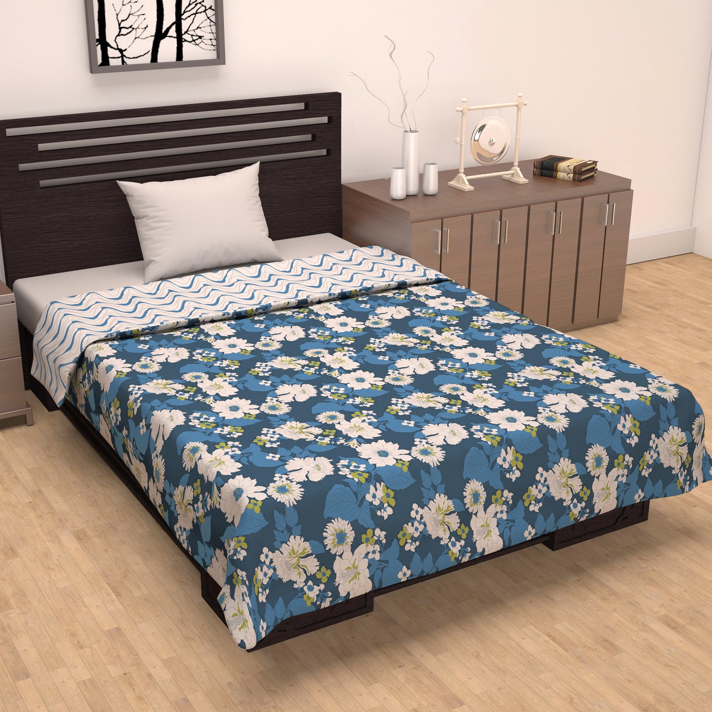 Blue Bright White 120 GSM Microfiber Floral Pattern Single Bed AC Blanket Dohar for All Season
