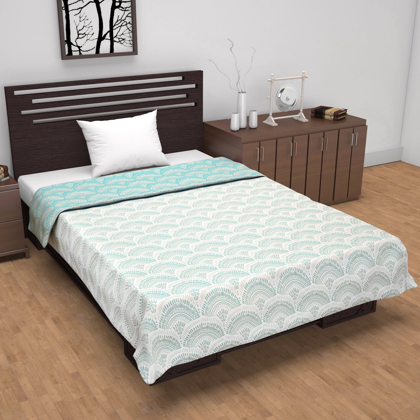 Block Print Sky Blue Lightweight Reversible Single Bed Dohar