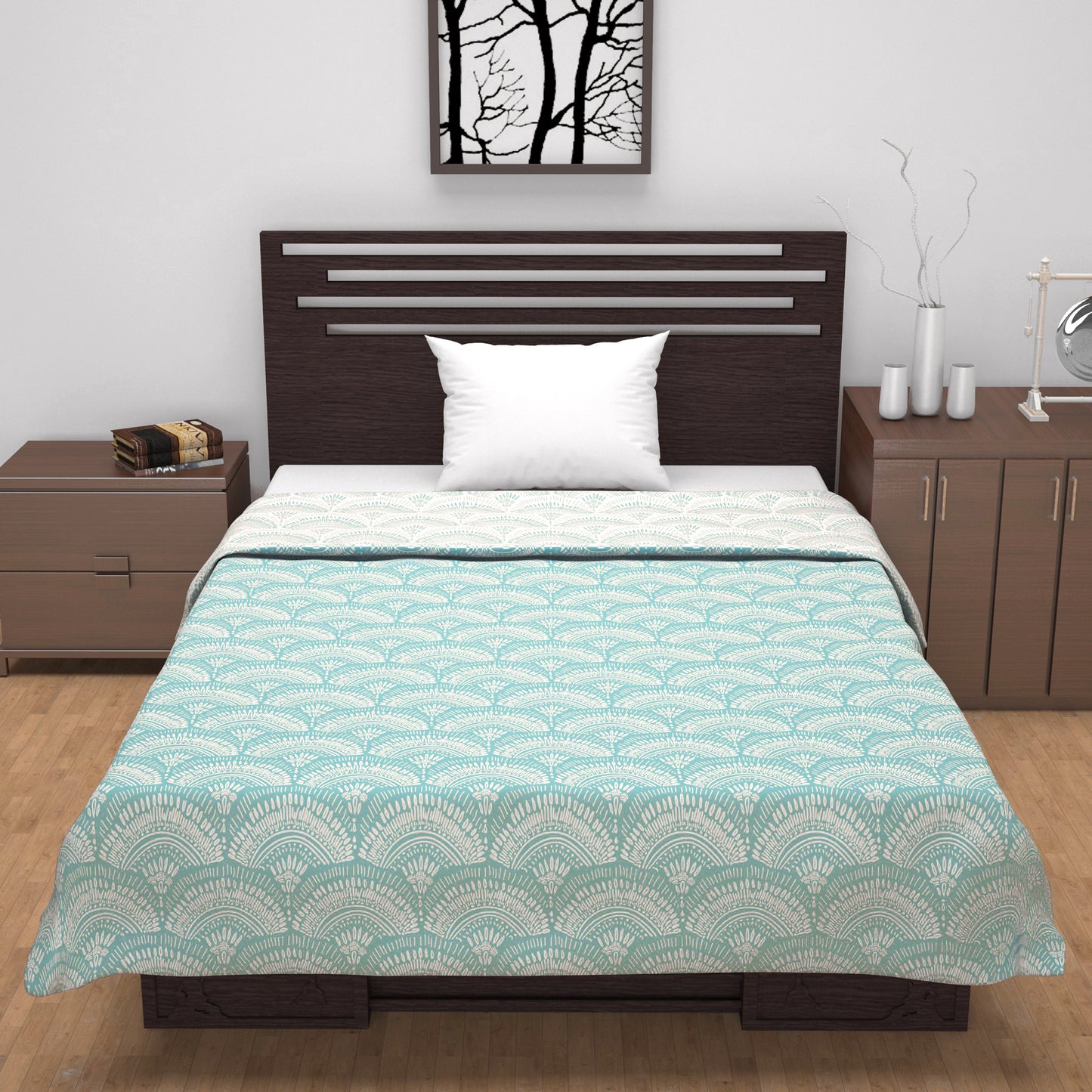 Block Print Sky Blue Lightweight Reversible Single Bed Dohar