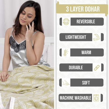 Block Print Green Lightweight Reversible Single Bed Dohar