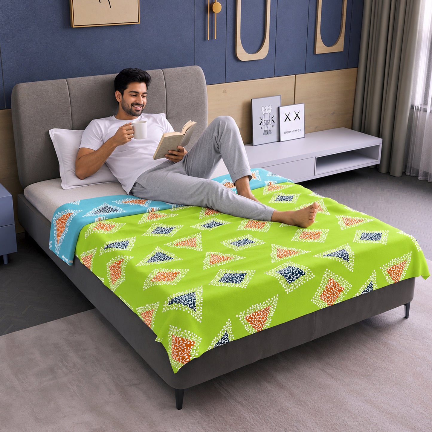 Sky Olive Geometric Pattern Single Dohar – 120 GSM Microfiber