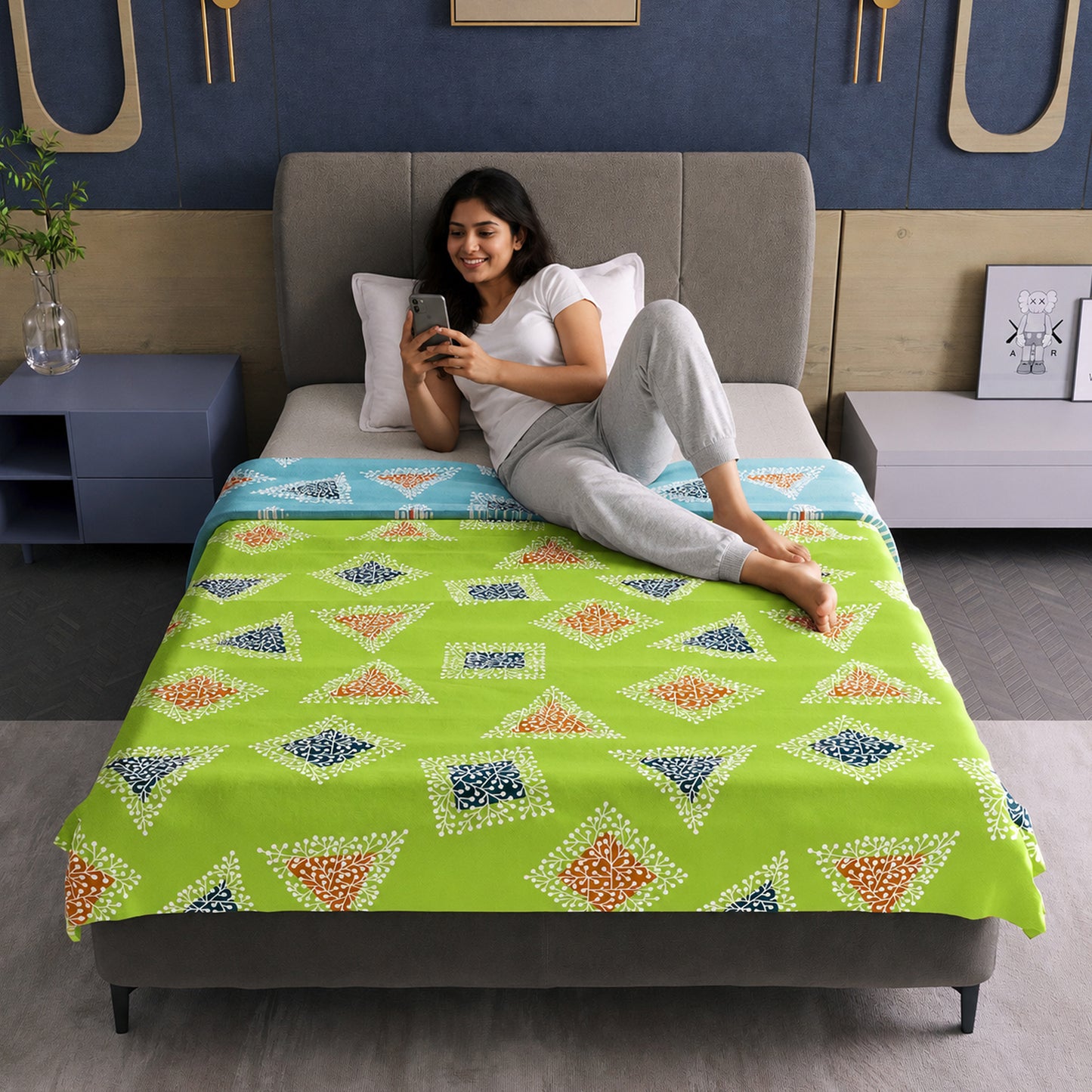 Sky Olive Geometric Pattern Single Dohar – 120 GSM Microfiber