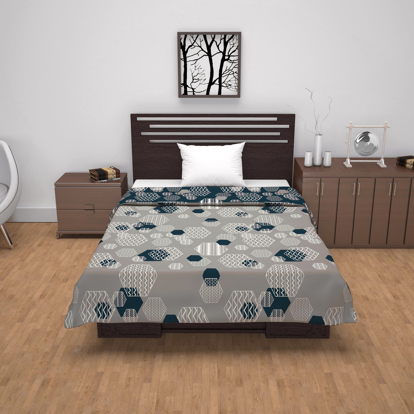 Midnight Grey Geometric Single Bed Dohar – 120 GSM Microfiber