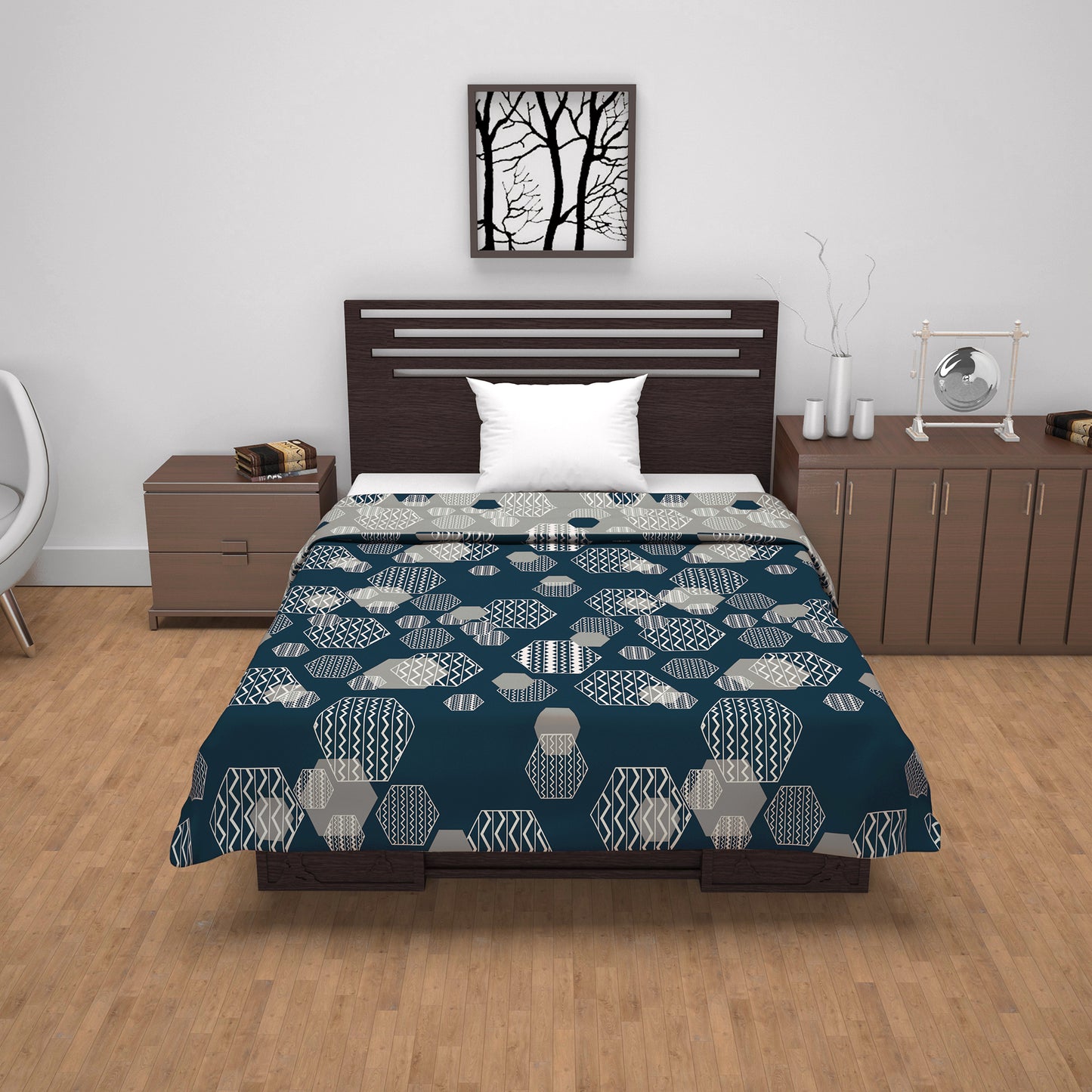Midnight Grey Geometric Single Bed Dohar – 120 GSM Microfiber