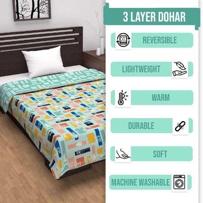 Teal Grey Abstract Single Bed Dohar – 120 GSM Microfiber