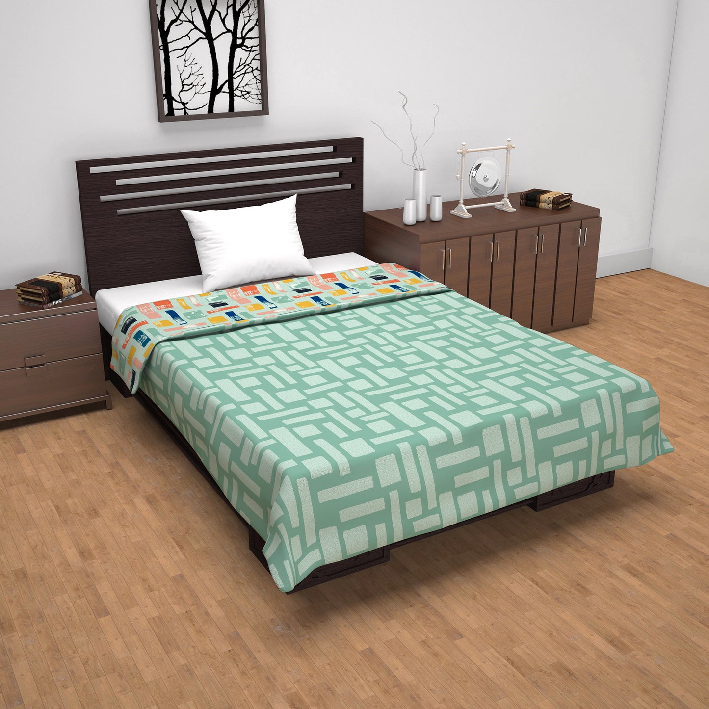 Teal Grey Abstract Single Bed Dohar – 120 GSM Microfiber