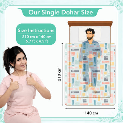 Teal Grey Abstract Single Bed Dohar – 120 GSM Microfiber