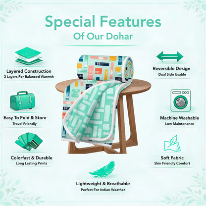 Teal Grey Abstract Single Bed Dohar – 120 GSM Microfiber