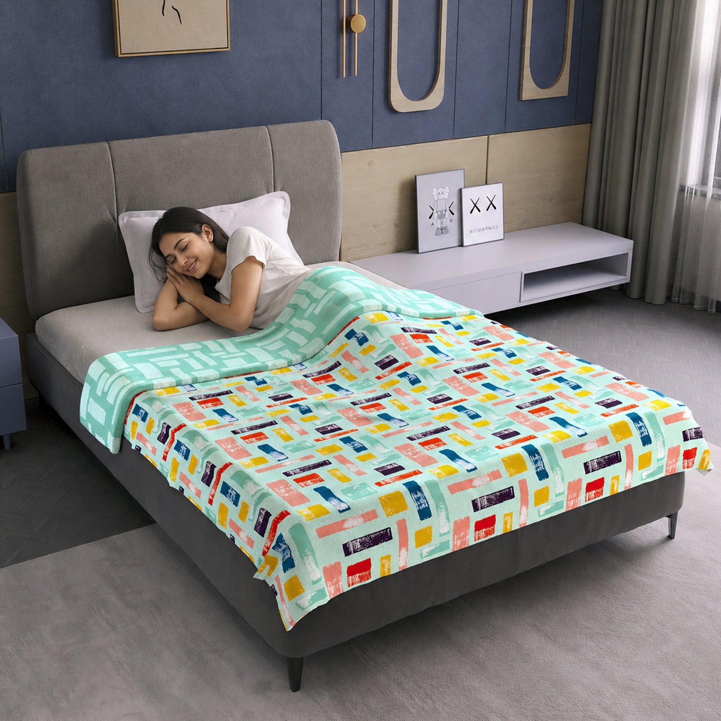 Teal Grey Abstract Single Bed Dohar – 120 GSM Microfiber