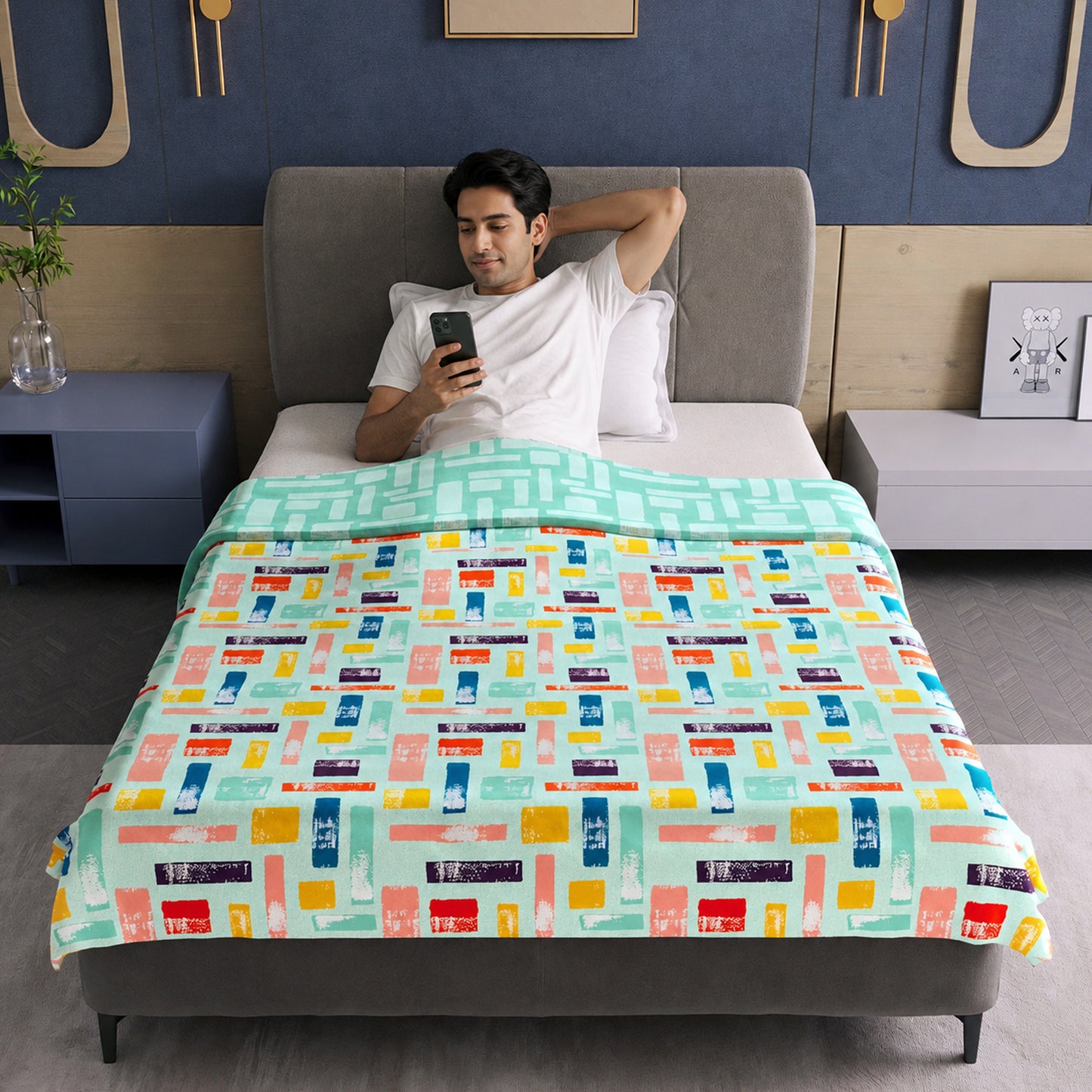 Teal Grey Abstract Single Bed Dohar – 120 GSM Microfiber